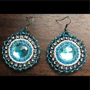 Native Hand Beaded Earrings, Round Blue Centers EC